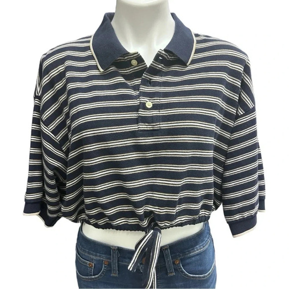 90s Oversized Cropped Collared Drawstring Navy Striped Knit Polo Women’s Size XL - Picture 1 of 6